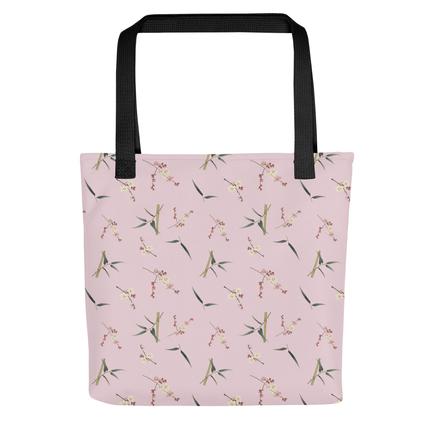 The Spirit of Flowers in Twelve Months｜Crimson Plum Blossom and Lush Green Bamboo｜Tote bag｜seamless print｜Pale pinkish gray