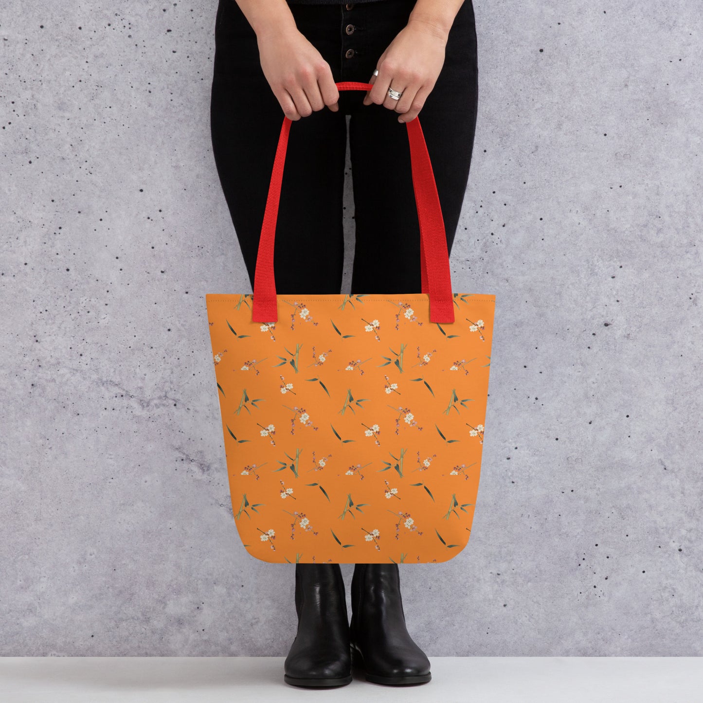 十二月花神｜Crimson Plum Blossom and Lush Green Bamboo｜Tote bag｜seamless print｜Orange