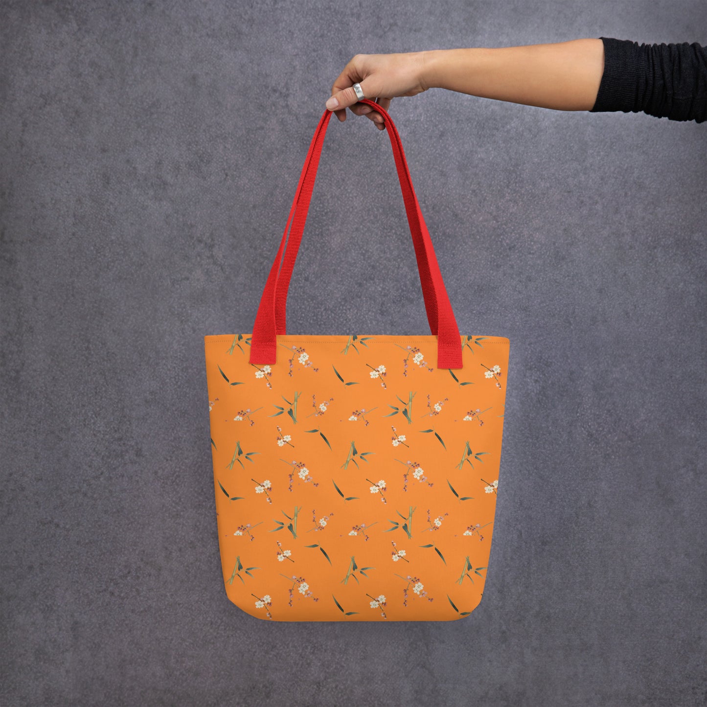 The Spirit of Flowers in Twelve Months｜Crimson Plum Blossom and Lush Green Bamboo｜Tote bag｜seamless print｜Orange