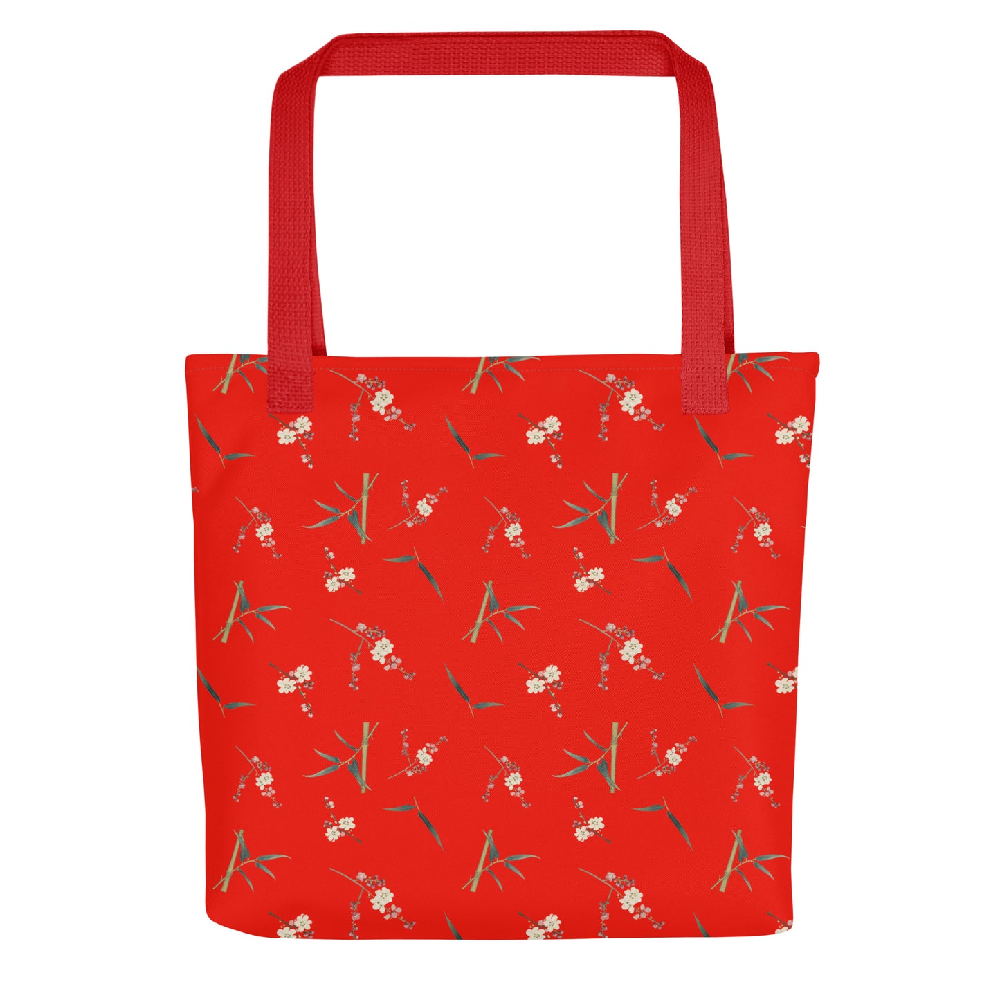 The Spirit of Flowers in Twelve Months｜Crimson Plum Blossom and Lush Green Bamboo｜Tote bag｜seamless print｜Garnet red