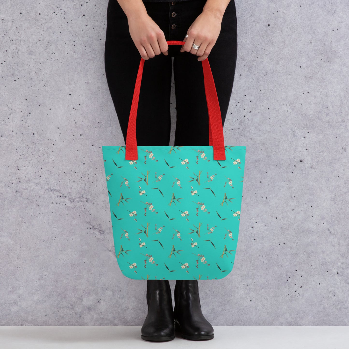 The Spirit of Flowers in Twelve Months｜Crimson Plum Blossom and Lush Green Bamboo｜Tote bag｜seamless print｜Turquoise