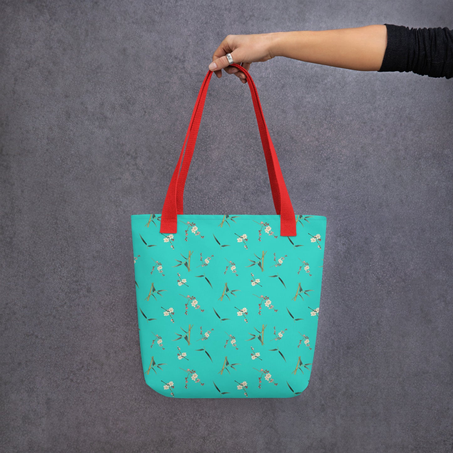 The Spirit of Flowers in Twelve Months｜Crimson Plum Blossom and Lush Green Bamboo｜Tote bag｜seamless print｜Turquoise