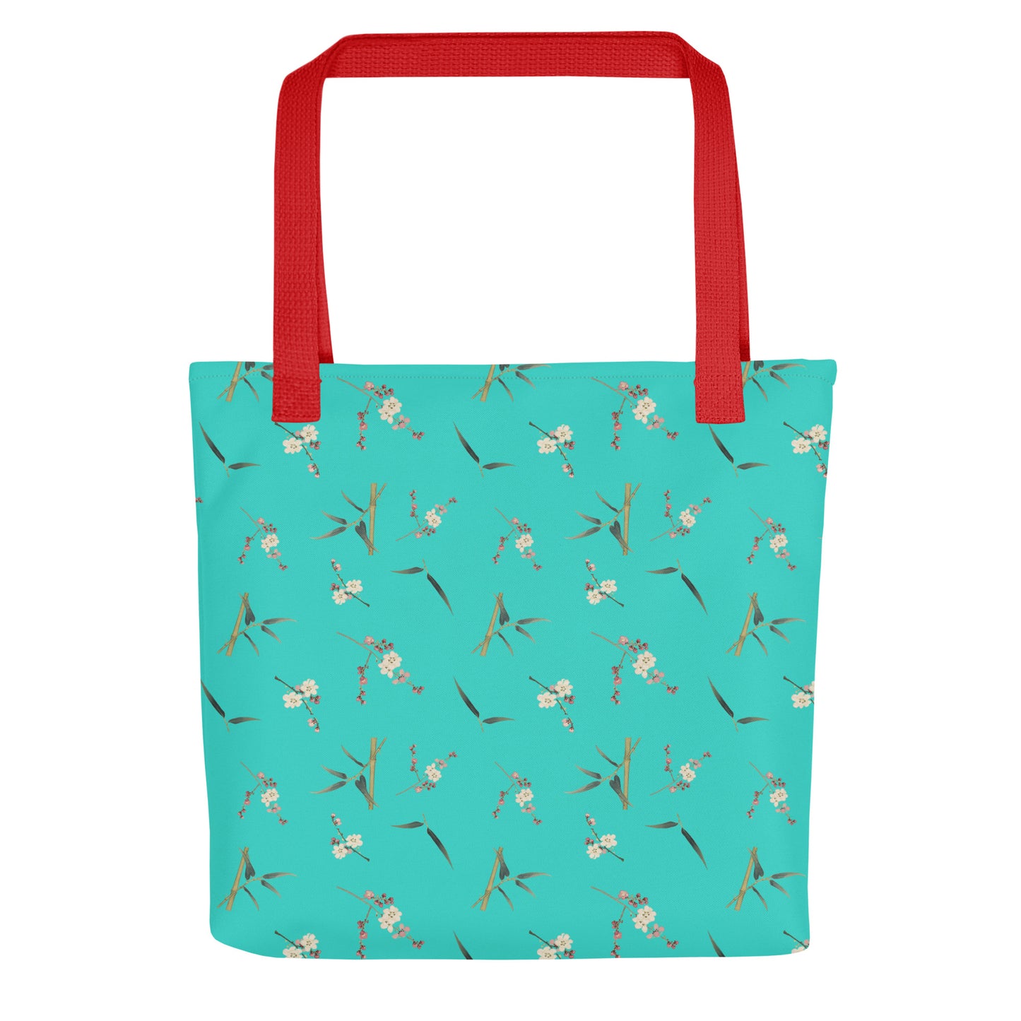 The Spirit of Flowers in Twelve Months｜Crimson Plum Blossom and Lush Green Bamboo｜Tote bag｜seamless print｜Turquoise