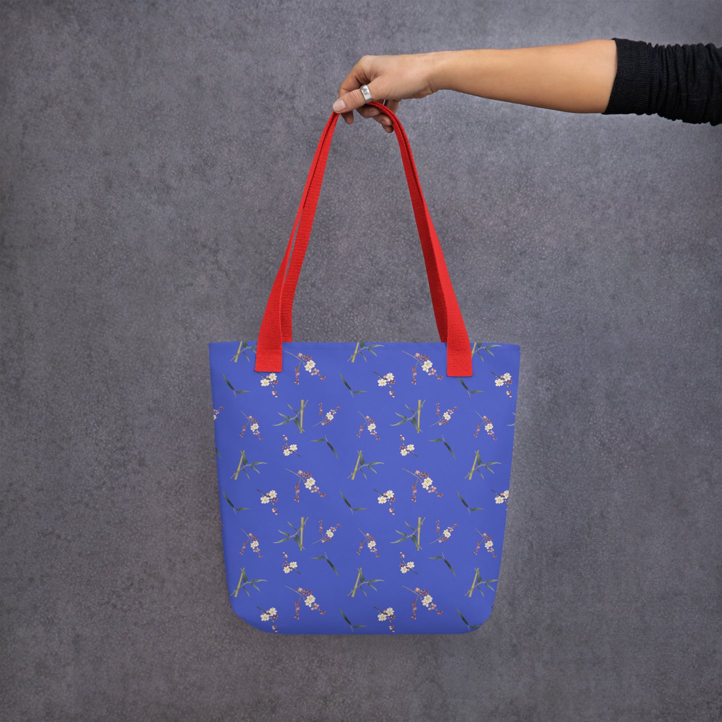 The Spirit of Flowers in Twelve Months｜Crimson Plum Blossom and Lush Green Bamboo｜Tote bag｜seamless print｜Royal blue