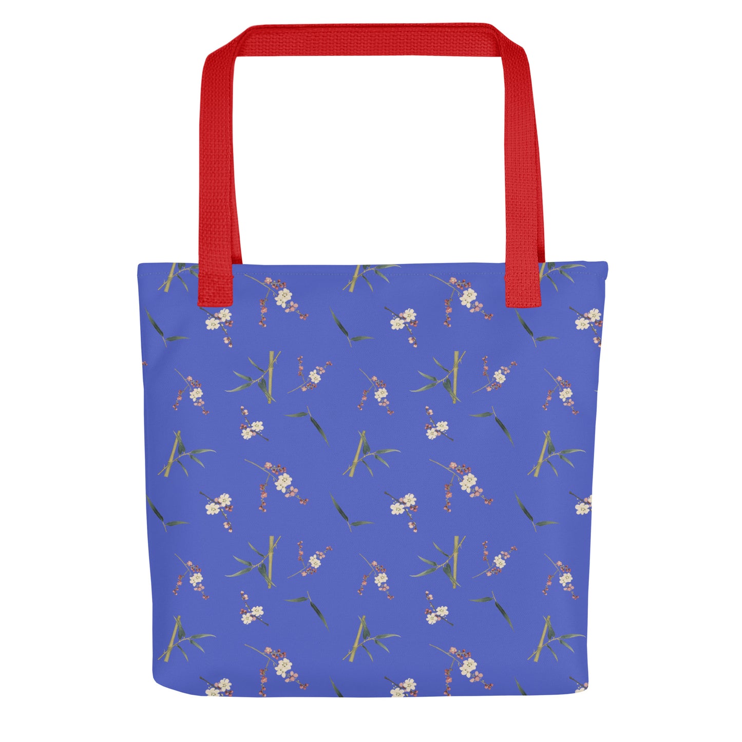 The Spirit of Flowers in Twelve Months｜Crimson Plum Blossom and Lush Green Bamboo｜Tote bag｜seamless print｜Royal blue