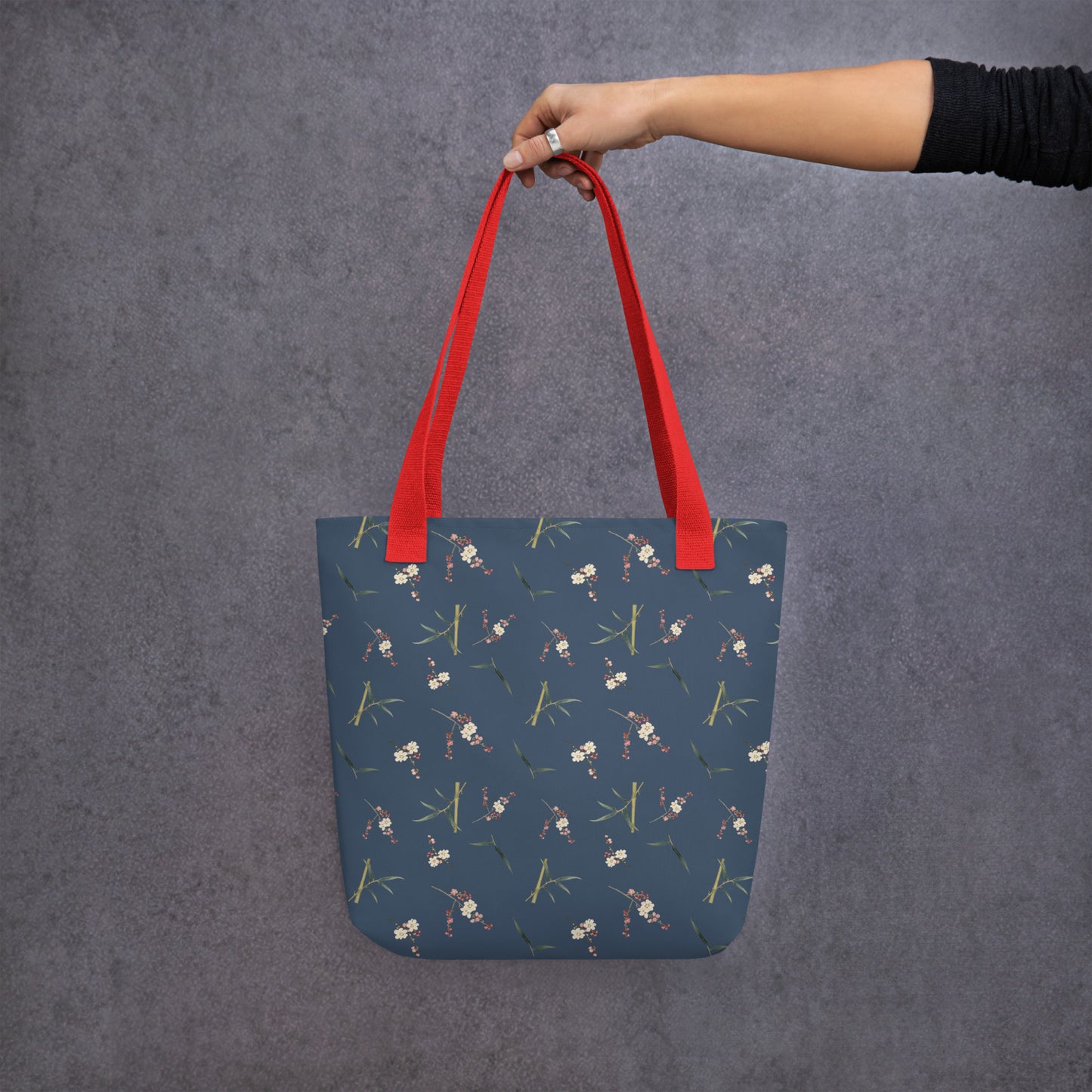 The Spirit of Flowers in Twelve Months｜Crimson Plum Blossom and Lush Green Bamboo｜Tote bag｜seamless print｜Dark blue