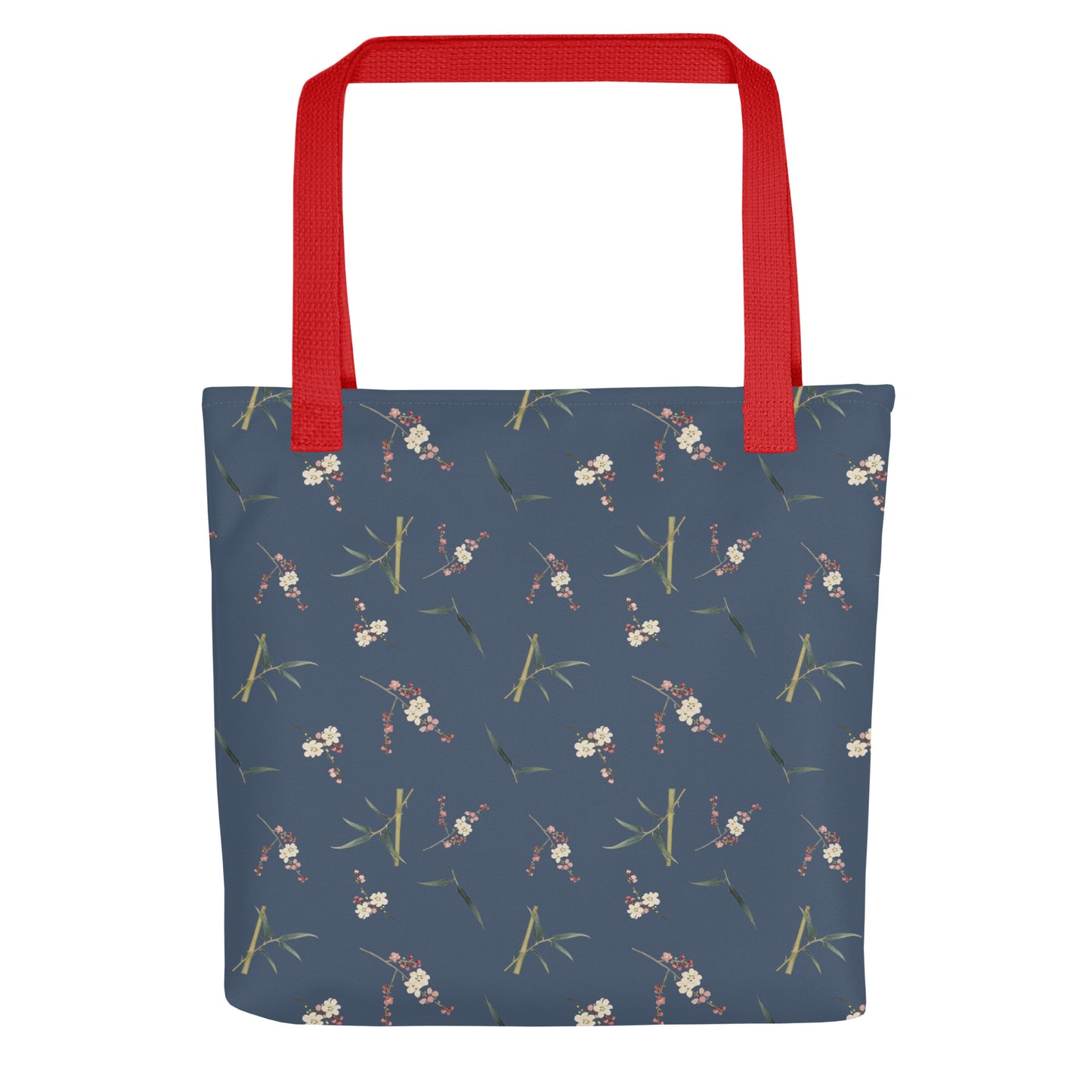 十二月花神｜Crimson Plum Blossom and Lush Green Bamboo｜Tote bag｜seamless print｜黛藍