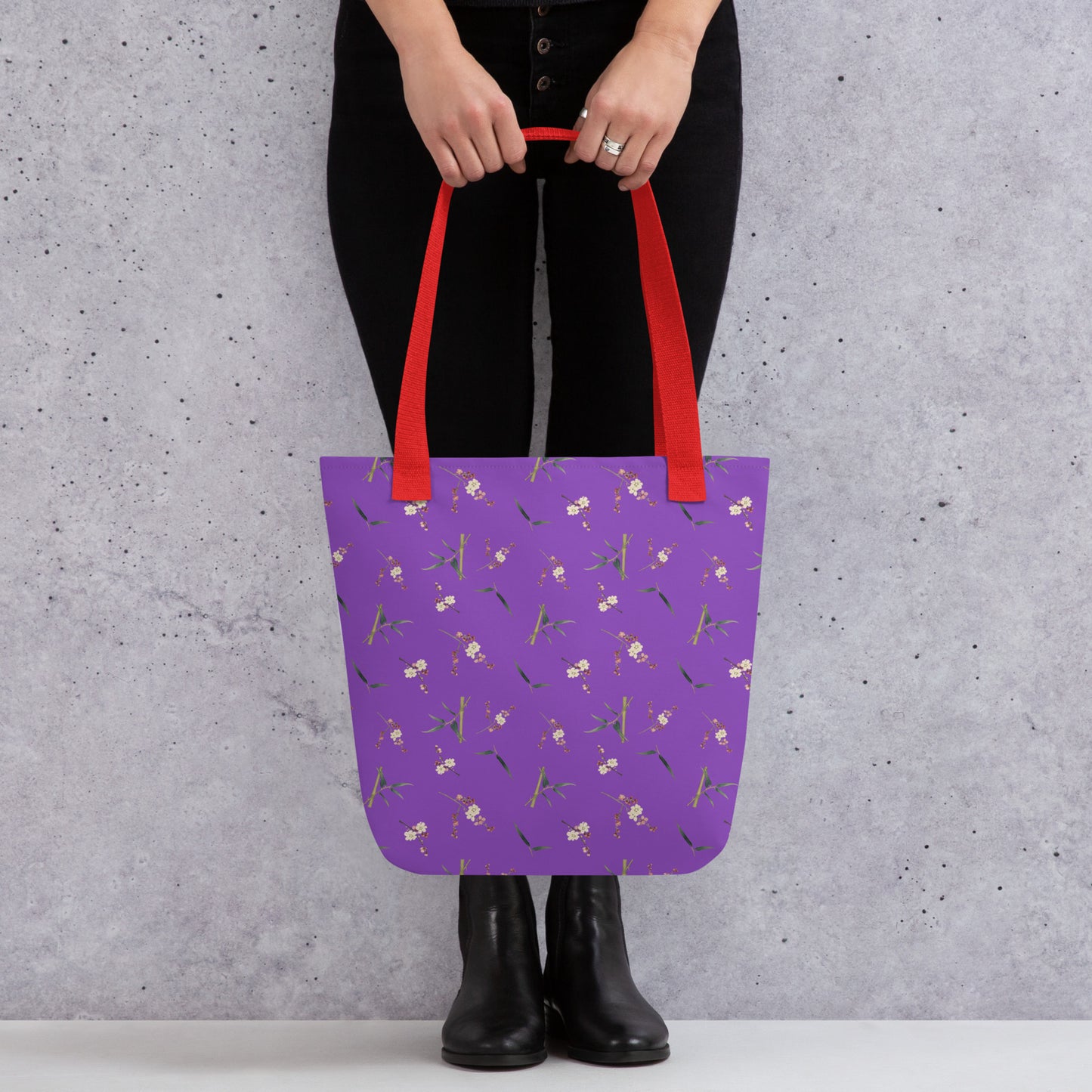 The Spirit of Flowers in Twelve Months｜Crimson Plum Blossom and Lush Green Bamboo｜Tote bag｜seamless print｜Purple