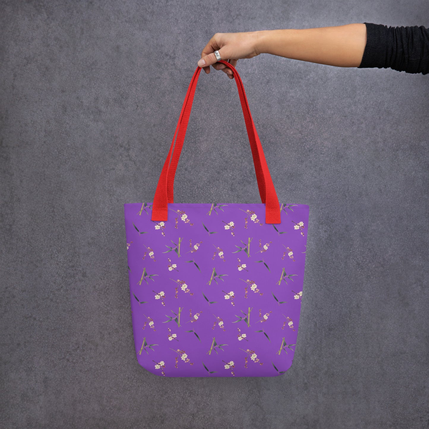 The Spirit of Flowers in Twelve Months｜Crimson Plum Blossom and Lush Green Bamboo｜Tote bag｜seamless print｜Purple