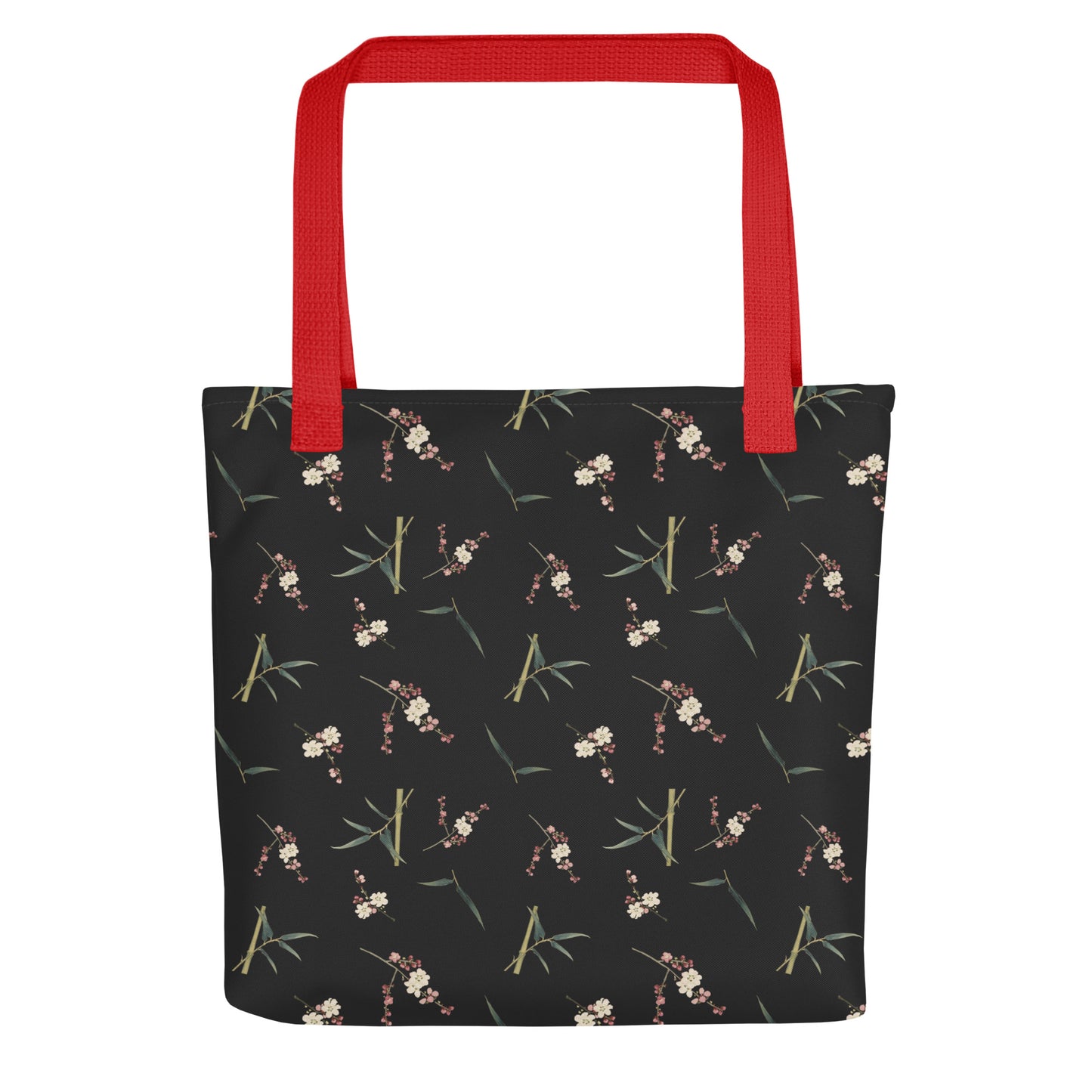 The Spirit of Flowers in Twelve Months｜Crimson Plum Blossom and Lush Green Bamboo｜Tote bag｜seamless print｜Black