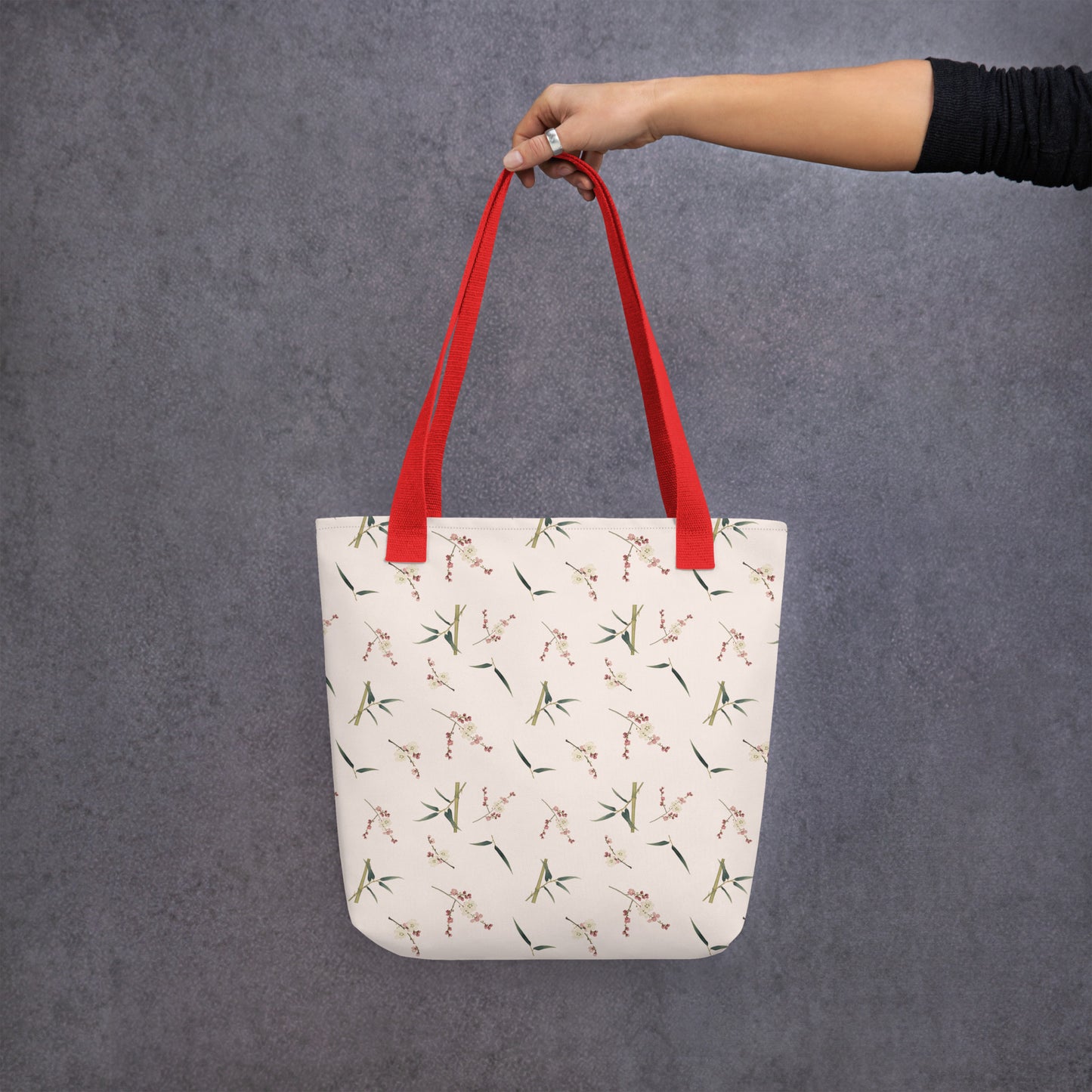 The Spirit of Flowers in Twelve Months｜Crimson Plum Blossom and Lush Green Bamboo｜Tote bag｜seamless print｜Fish belly white