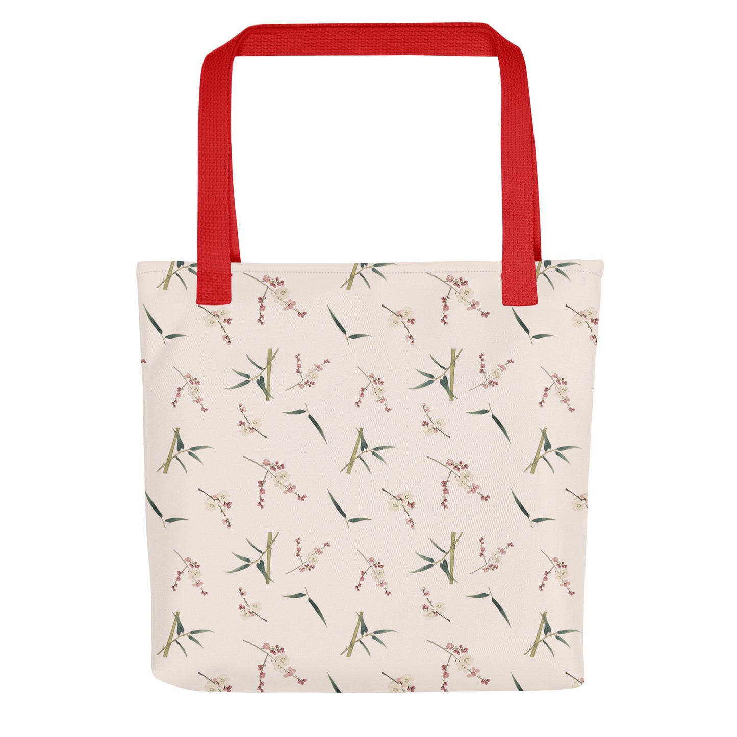 The Spirit of Flowers in Twelve Months｜Crimson Plum Blossom and Lush Green Bamboo｜Tote bag｜seamless print｜Fish belly white