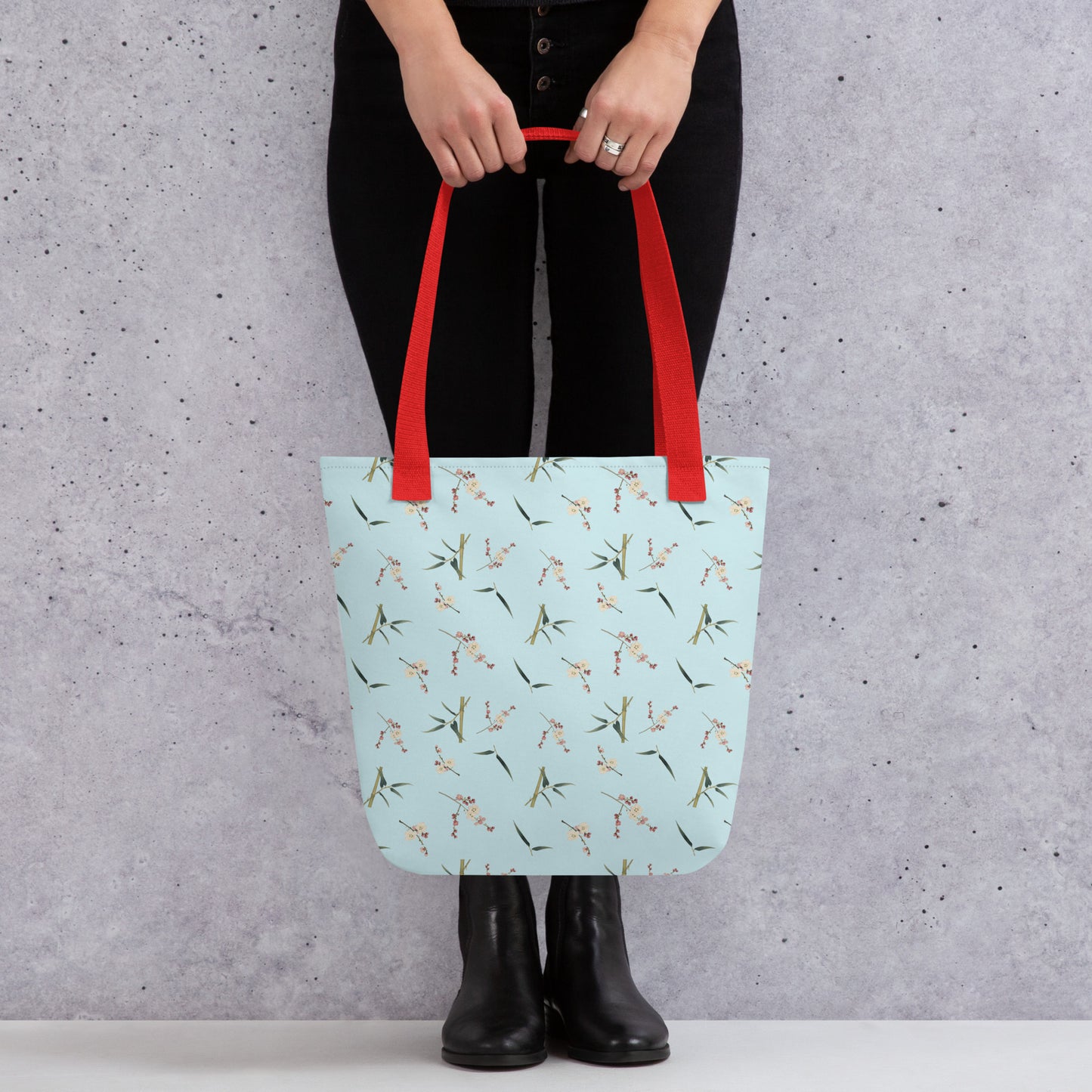 The Spirit of Flowers in Twelve Months｜Crimson Plum Blossom and Lush Green Bamboo｜Tote bag｜seamless print｜Aqua blue