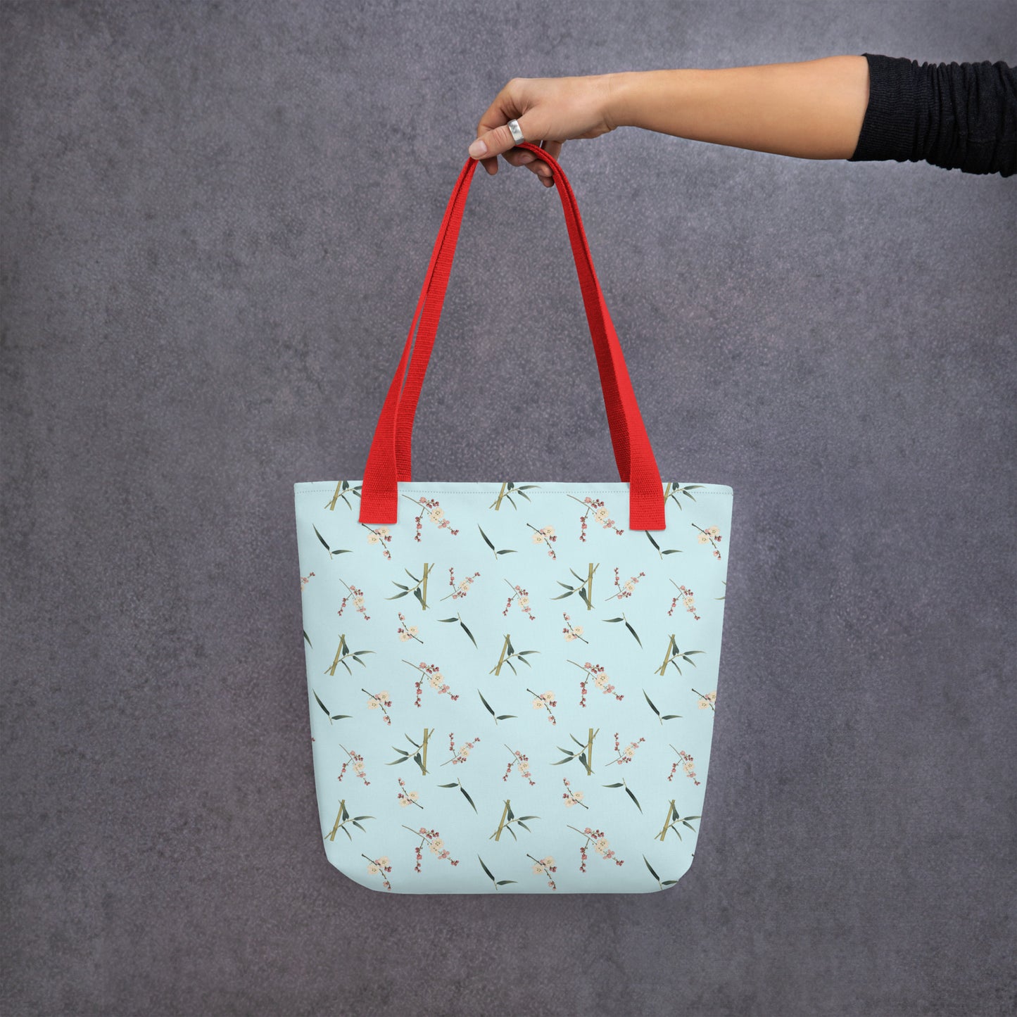 The Spirit of Flowers in Twelve Months｜Crimson Plum Blossom and Lush Green Bamboo｜Tote bag｜seamless print｜Aqua blue