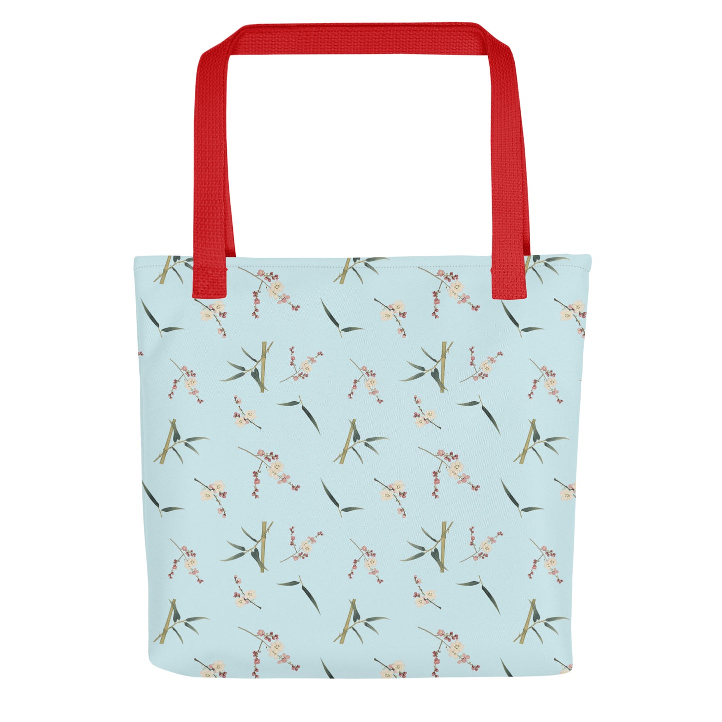 The Spirit of Flowers in Twelve Months｜Crimson Plum Blossom and Lush Green Bamboo｜Tote bag｜seamless print｜Aqua blue