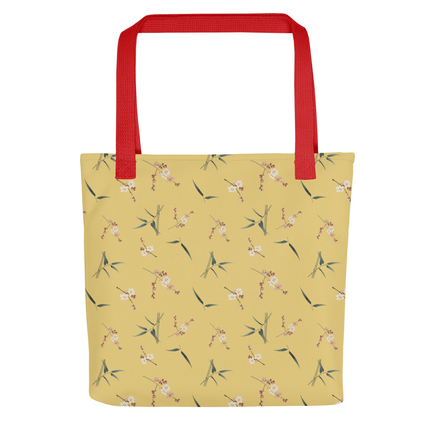 The Spirit of Flowers in Twelve Months｜Crimson Plum Blossom and Lush Green Bamboo｜Tote bag｜seamless print｜Gold