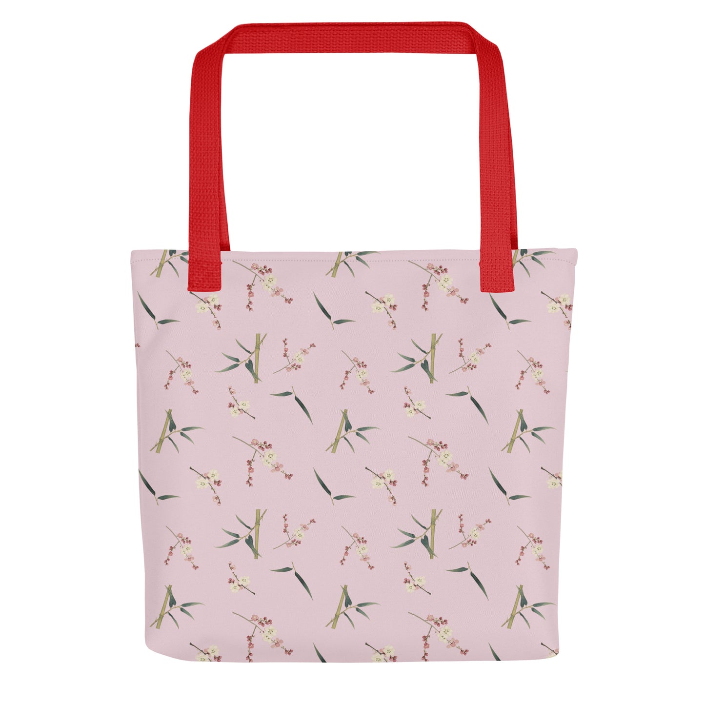 The Spirit of Flowers in Twelve Months｜Crimson Plum Blossom and Lush Green Bamboo｜Tote bag｜seamless print｜Pale pinkish gray