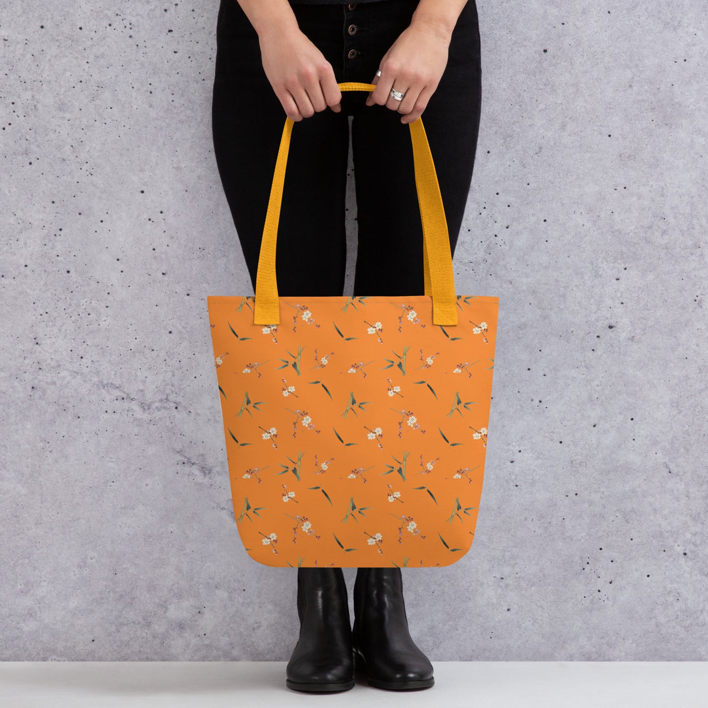 十二月花神｜Crimson Plum Blossom and Lush Green Bamboo｜Tote bag｜seamless print｜Orange