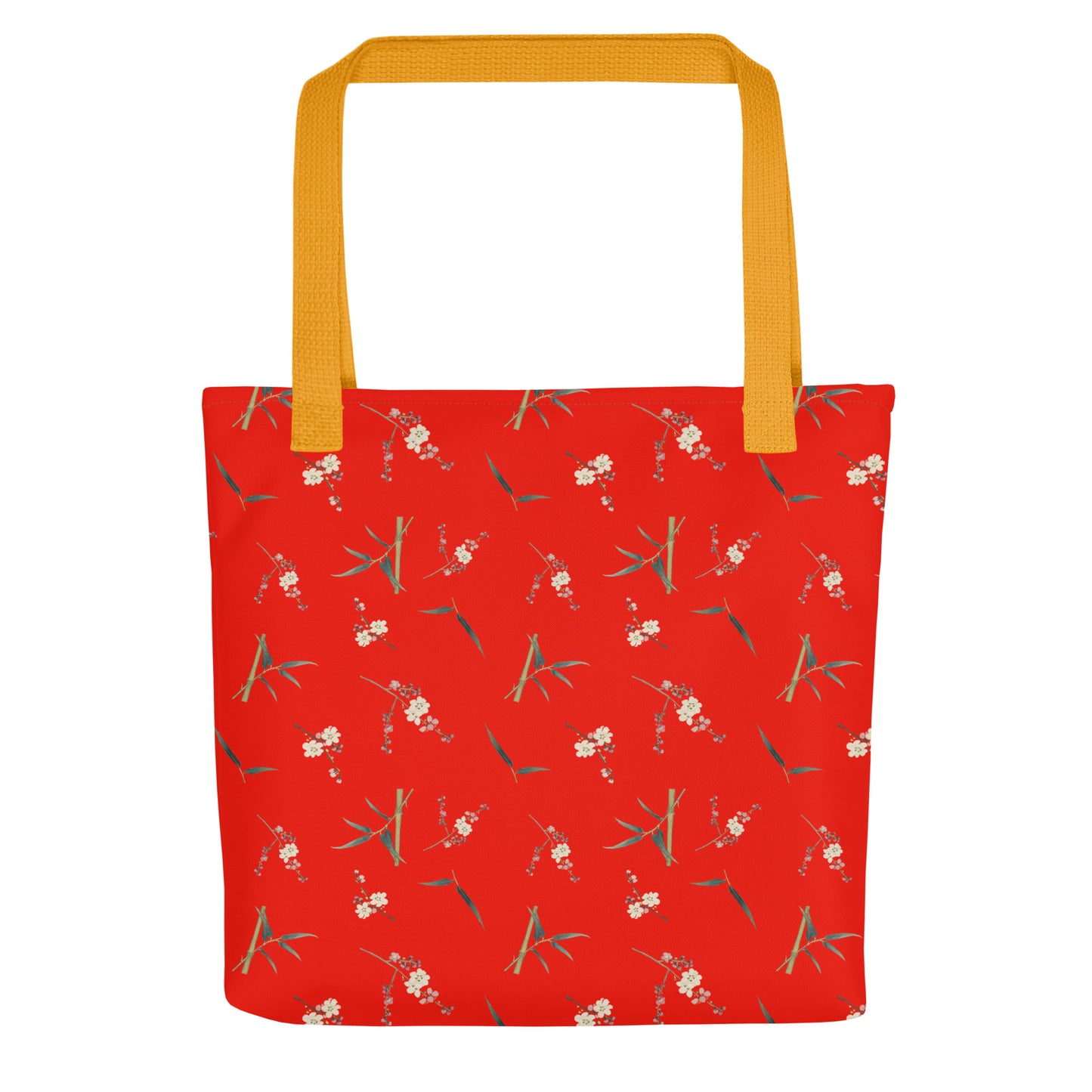 The Spirit of Flowers in Twelve Months｜Crimson Plum Blossom and Lush Green Bamboo｜Tote bag｜seamless print｜Garnet red