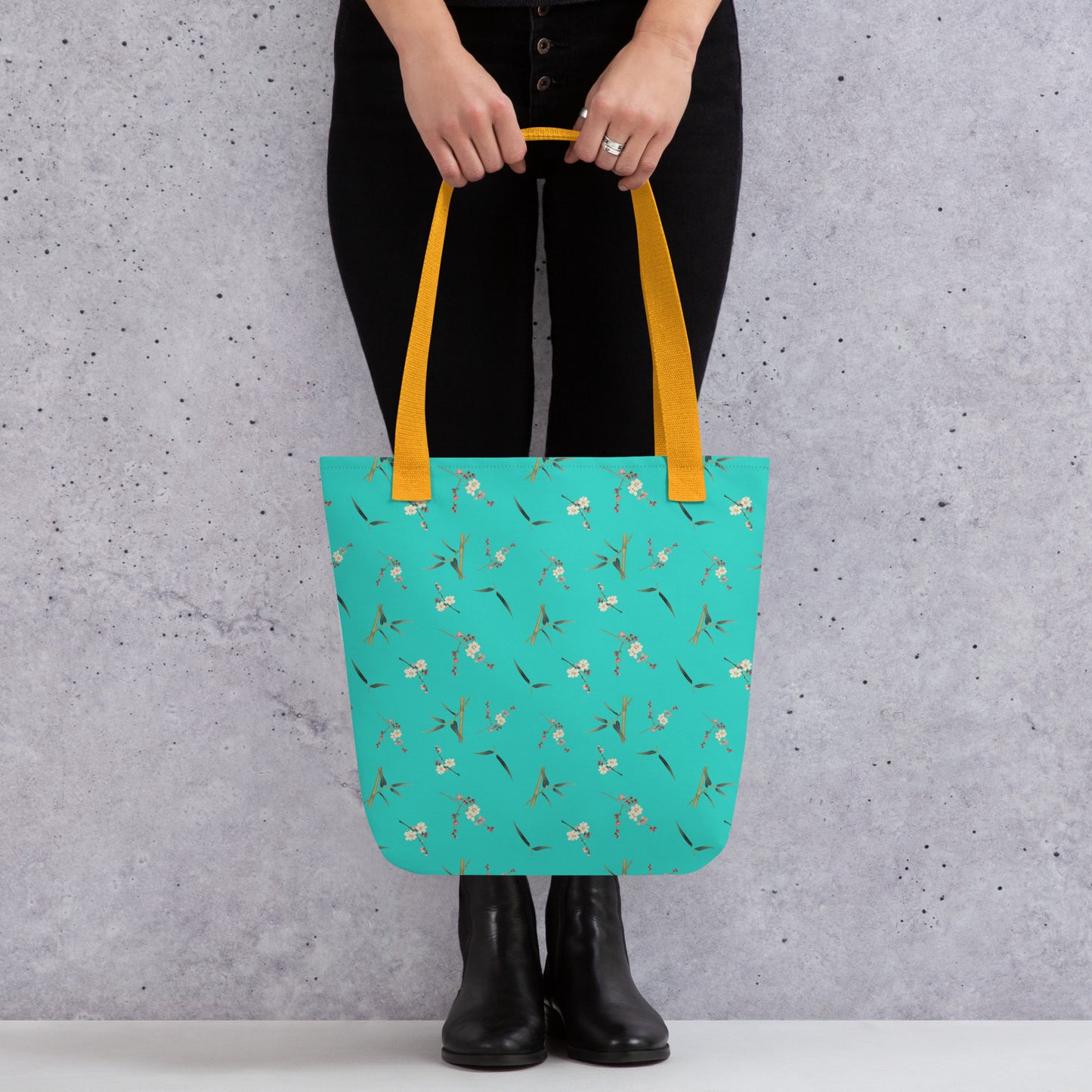 The Spirit of Flowers in Twelve Months｜Crimson Plum Blossom and Lush Green Bamboo｜Tote bag｜seamless print｜Turquoise