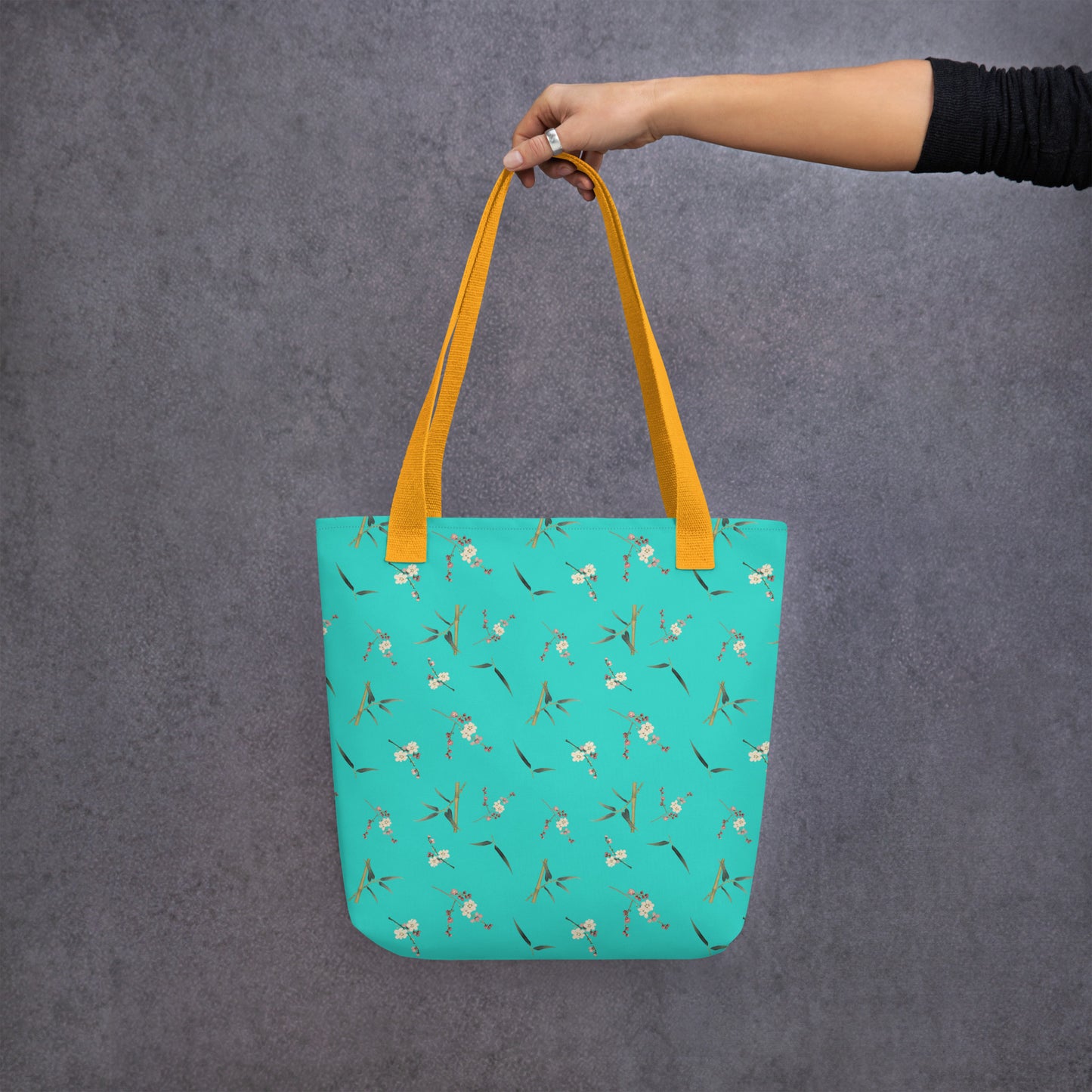 The Spirit of Flowers in Twelve Months｜Crimson Plum Blossom and Lush Green Bamboo｜Tote bag｜seamless print｜Turquoise