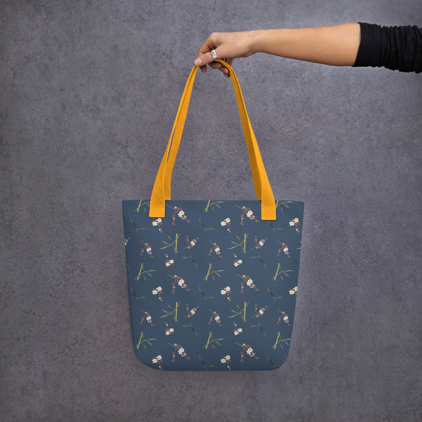 The Spirit of Flowers in Twelve Months｜Crimson Plum Blossom and Lush Green Bamboo｜Tote bag｜seamless print｜Dark blue