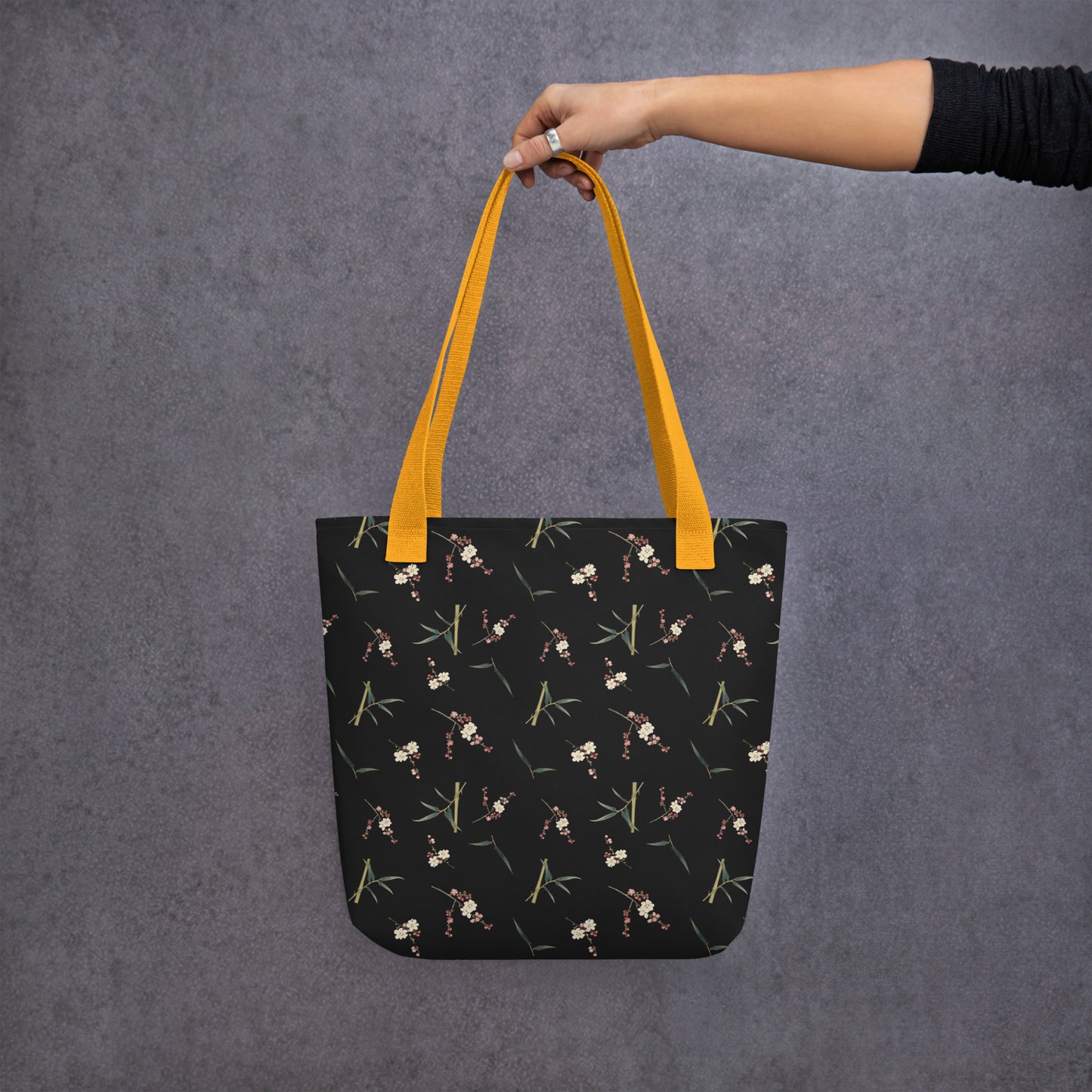 The Spirit of Flowers in Twelve Months｜Crimson Plum Blossom and Lush Green Bamboo｜Tote bag｜seamless print｜Black