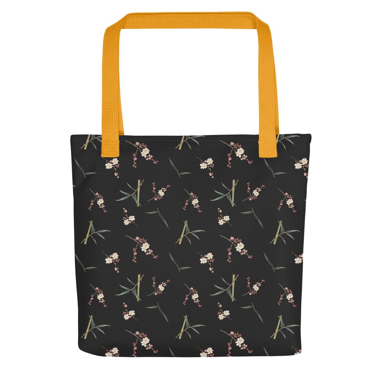 The Spirit of Flowers in Twelve Months｜Crimson Plum Blossom and Lush Green Bamboo｜Tote bag｜seamless print｜Black