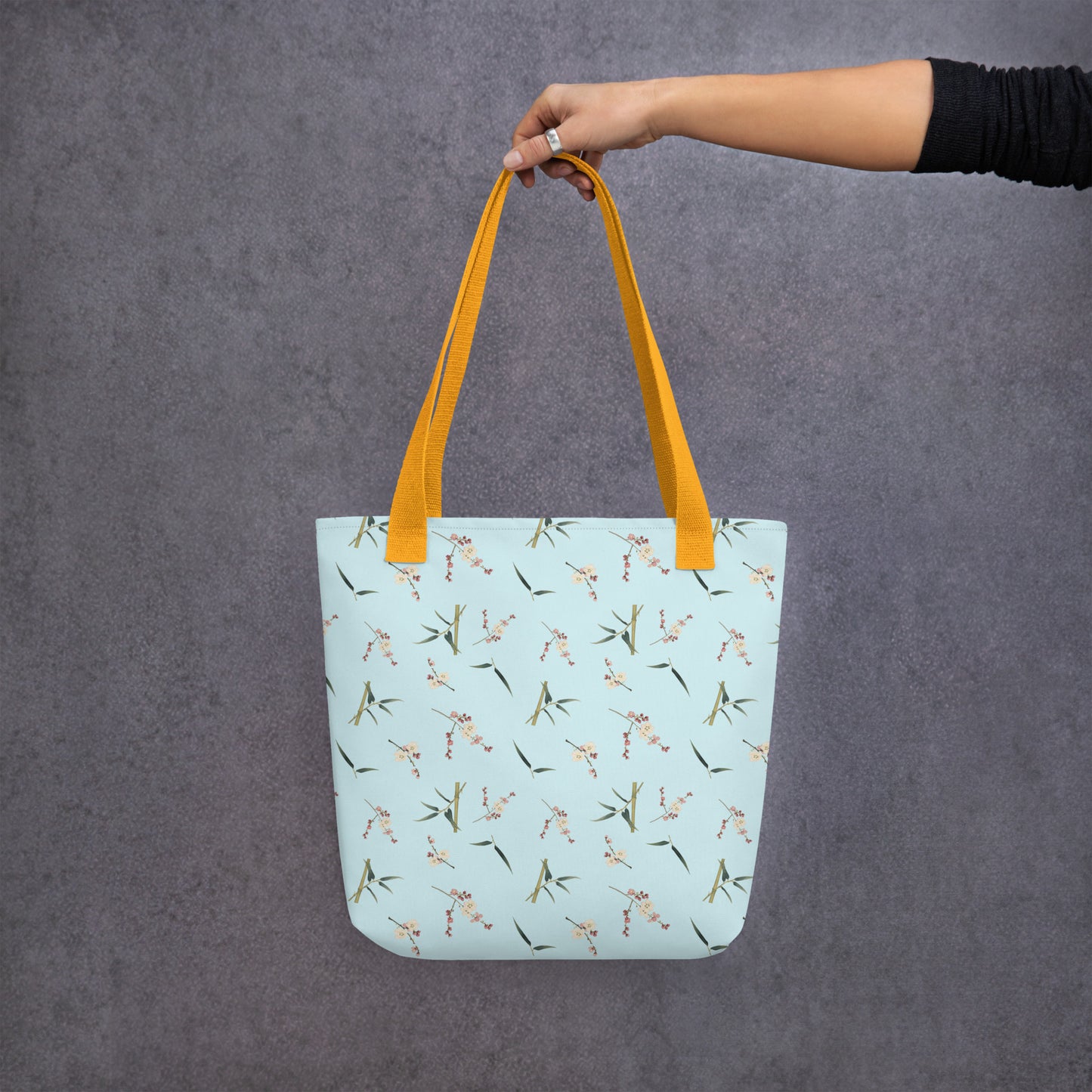 The Spirit of Flowers in Twelve Months｜Crimson Plum Blossom and Lush Green Bamboo｜Tote bag｜seamless print｜Aqua blue