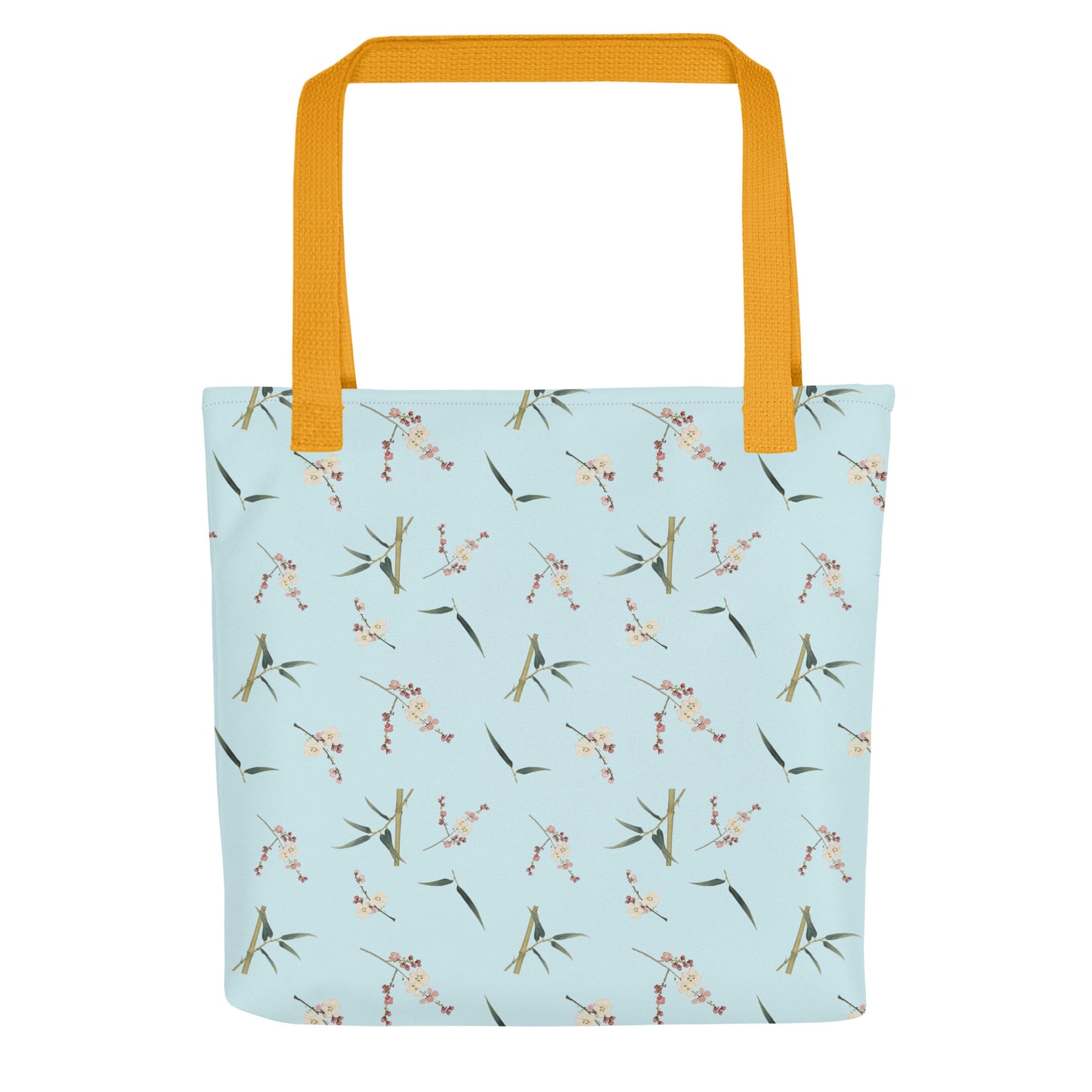 The Spirit of Flowers in Twelve Months｜Crimson Plum Blossom and Lush Green Bamboo｜Tote bag｜seamless print｜Aqua blue