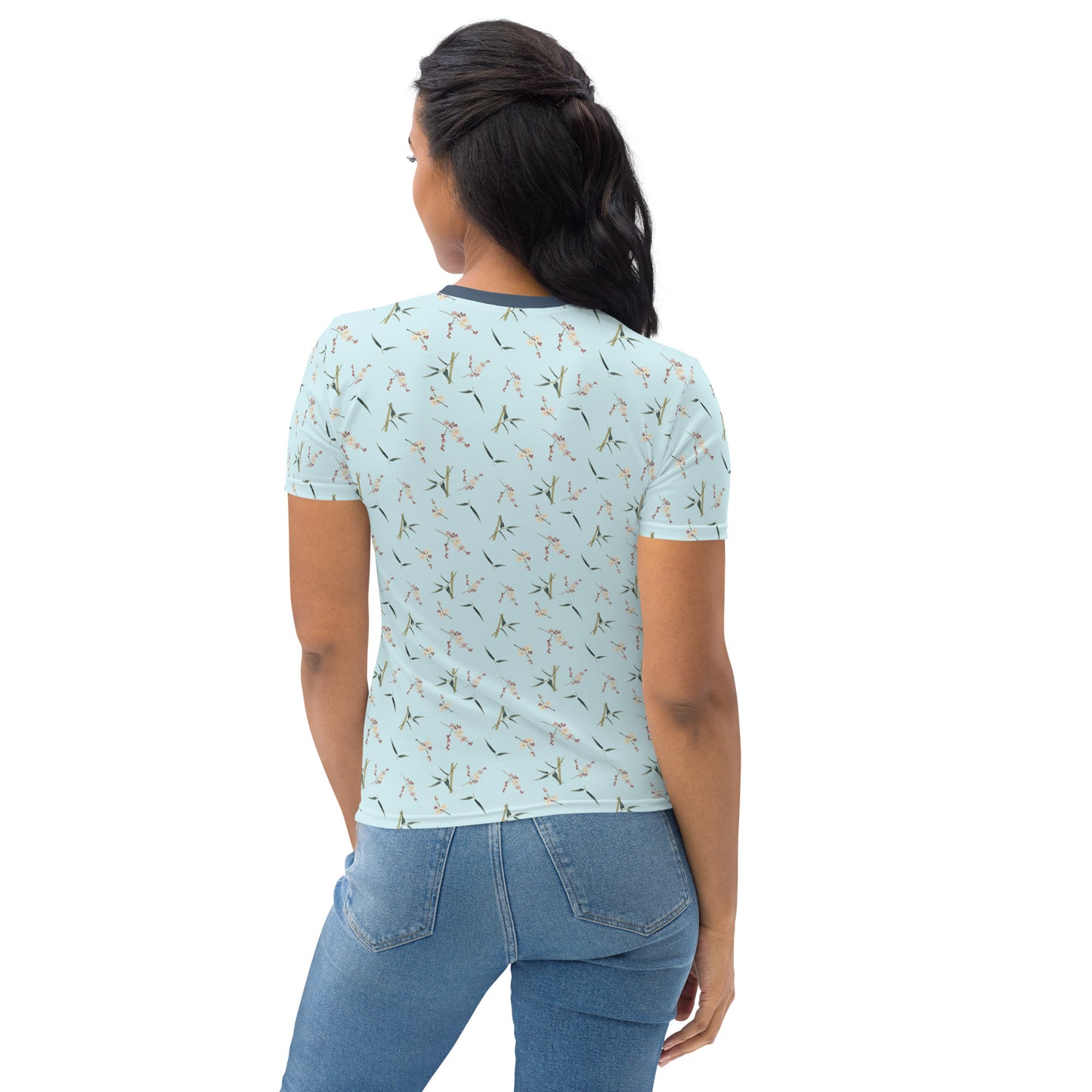 The Spirit of Flowers in Twelve Months｜Crimson Plum Blossom and Lush Green Bamboo｜Ladies T-shirt｜seamless print｜Aqua blue