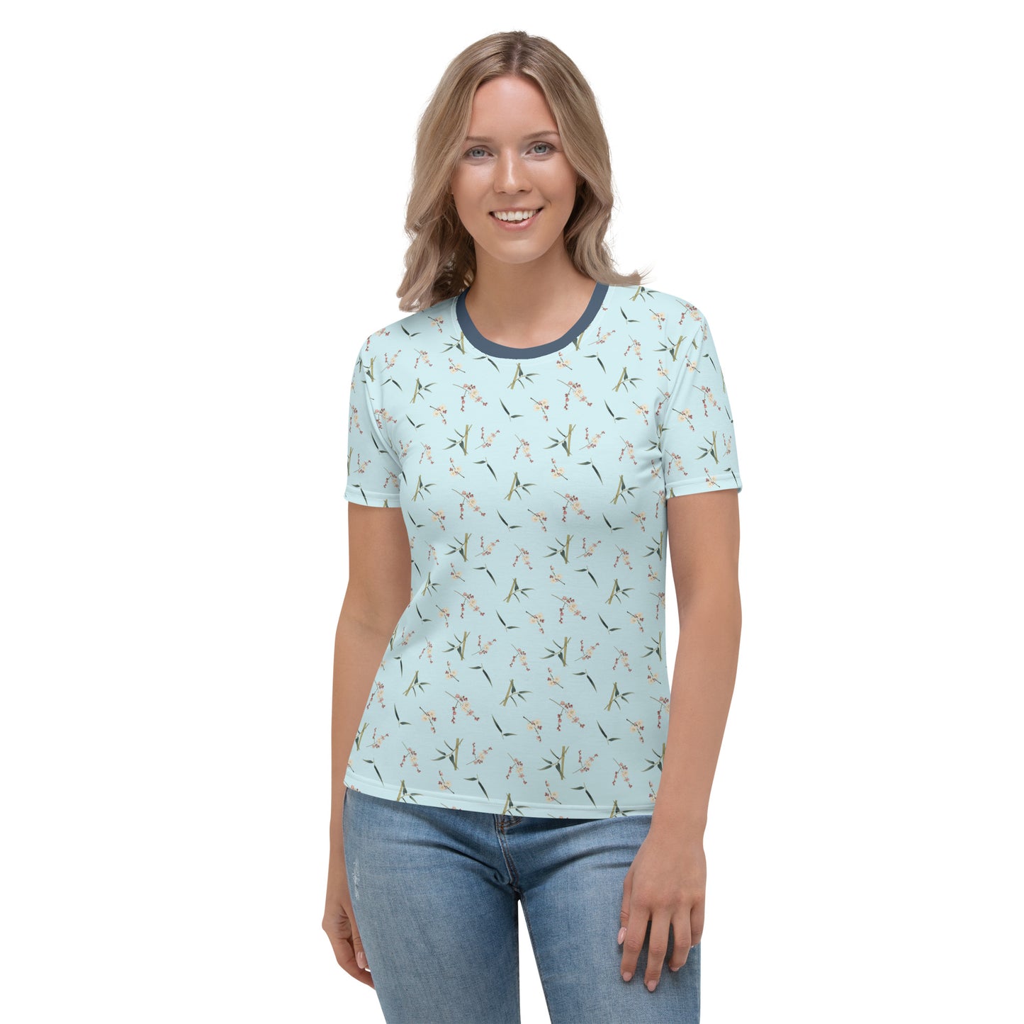 The Spirit of Flowers in Twelve Months｜Crimson Plum Blossom and Lush Green Bamboo｜Ladies T-shirt｜seamless print｜Aqua blue