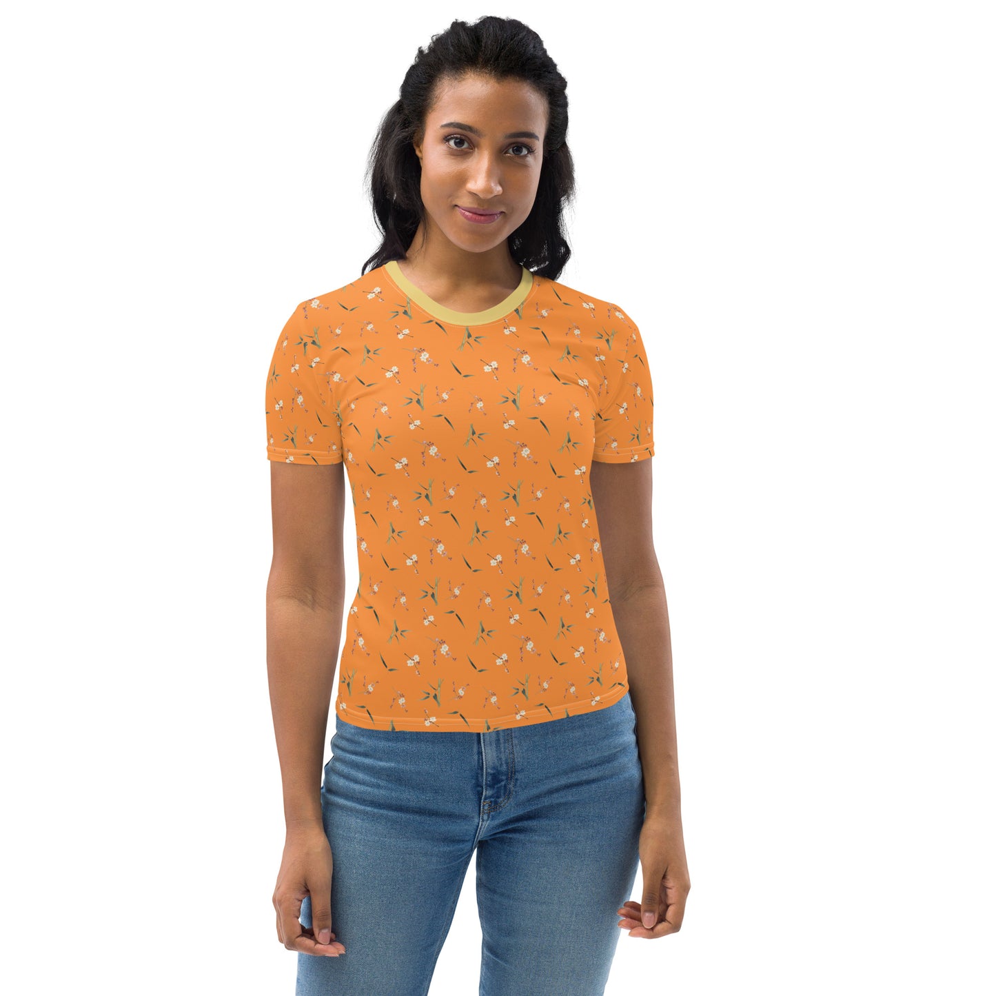 The Spirit of Flowers in Twelve Months｜Crimson Plum Blossom and Lush Green Bamboo｜Ladies T-shirt｜seamless print｜Orange